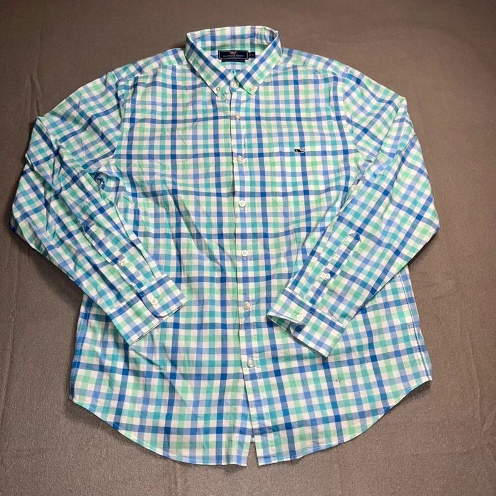 Vineyard Vines Mens size large slim fit tucker shirt plaid teal blue green